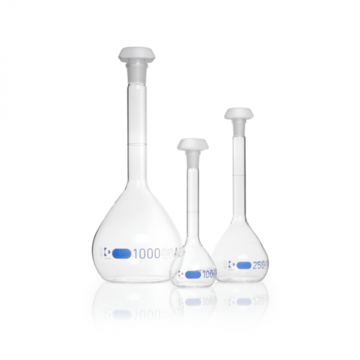  DURAN® Volumetric flask, blue graduation, class AW, batch certificate, with one graduation mark, polyethylene stopper, NS 10/19, 10 ml EACH