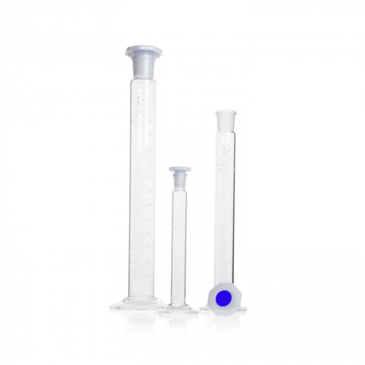  DURAN® Mixing cylinder, hexagonal base, class B, white graduation, NS 19/26, octagonal PE-stopper, 50 ml EACH
