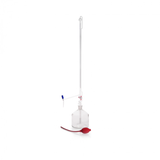 DURAN®automatic burette Pellet type, conformity certified,blue print,main points ring graduation, Schellbach stripe, PTFE-spindle stopcock and intermediate PTFE stopcock,completed with bottle and blow ball, accuracy class AS, batch certificate, 50 ml, consists of: 243173606 DURAN® burette only, with side stopcock, class AS, 50 ml 211596303 DURAN® reservoir bottle, with NS 29/32, clear, 2000ml 292450108 Blowball for automatic burrette EACH